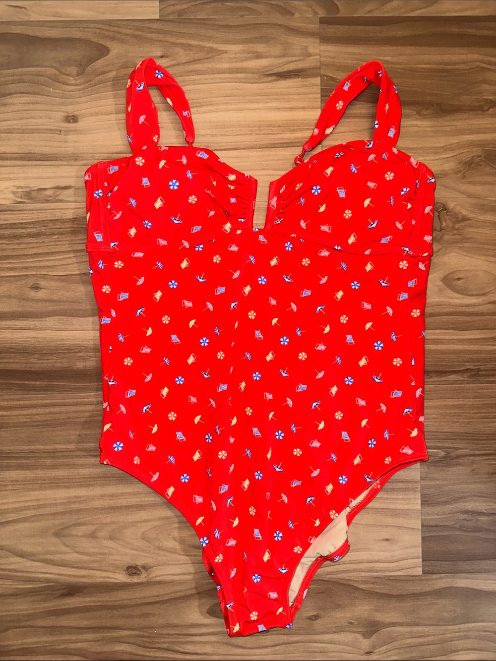 Shade & Shore Red One-Piece Swim with Tiny Floral & Sailboat Print